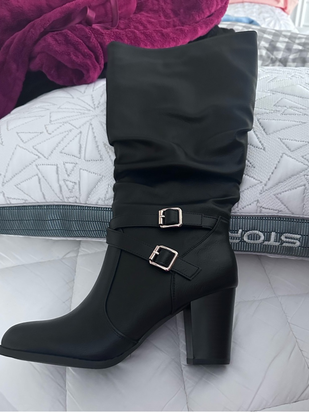 Classic Black Mid-Calf Block Heel Boots with Buckle Detail